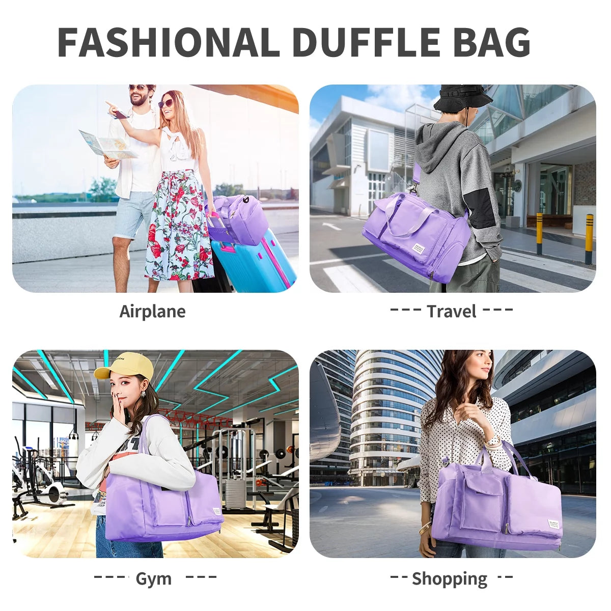 Duffel Bag for Women, Foldable Weekender Overnight Bag with Shoe Compartment, Waterproof Travel Bag with Toiletry Bag for Hospital Holdalls, Purple