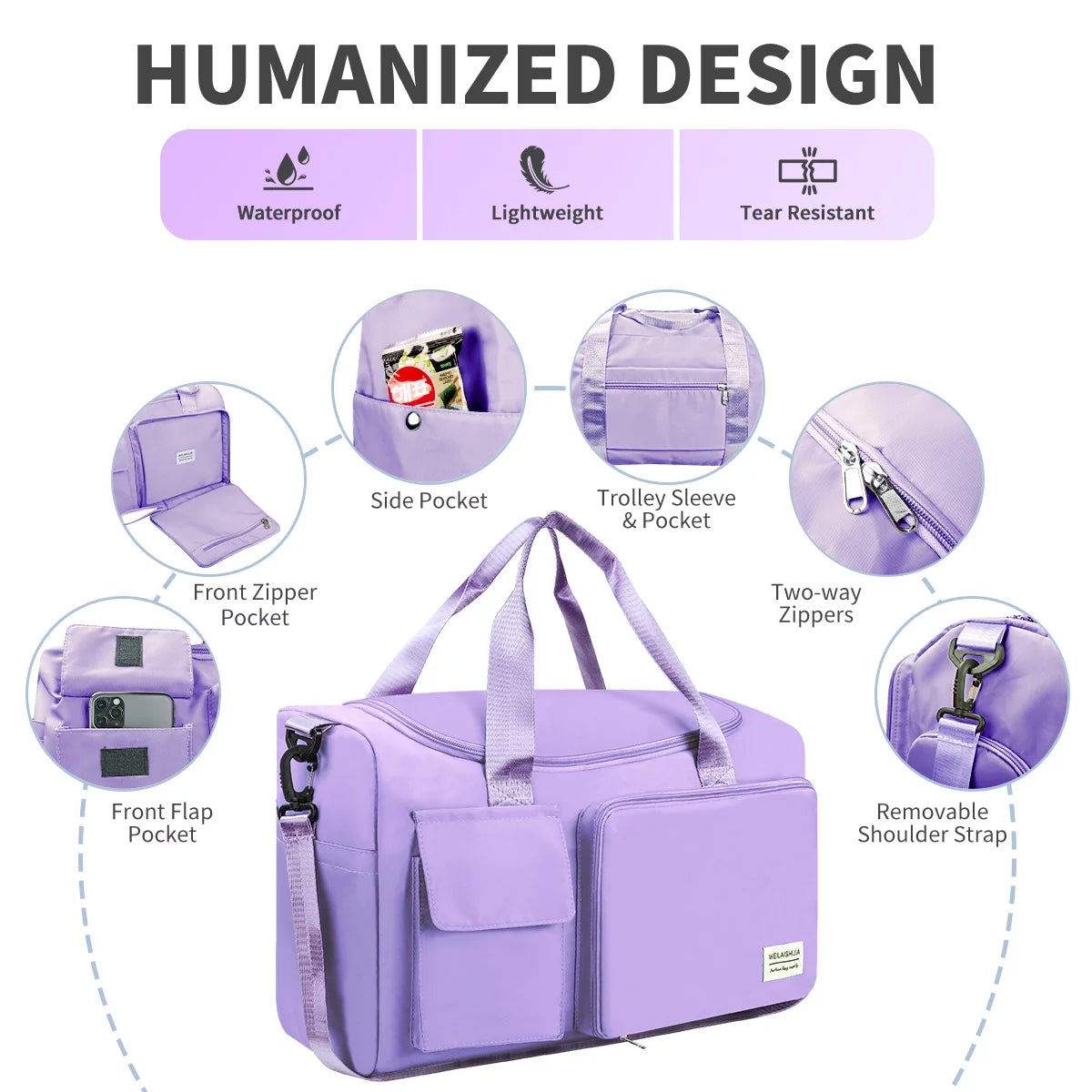 Duffel Bag for Women, Foldable Weekender Overnight Bag with Shoe Compartment, Waterproof Travel Bag with Toiletry Bag for Hospital Holdalls, Purple