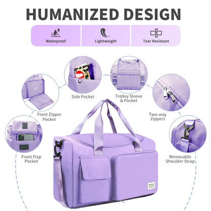 Duffel Bag for Women, Foldable Weekender Overnight Bag with Shoe Compartment, Waterproof Travel Bag with Toiletry Bag for Hospital Holdalls, Purple