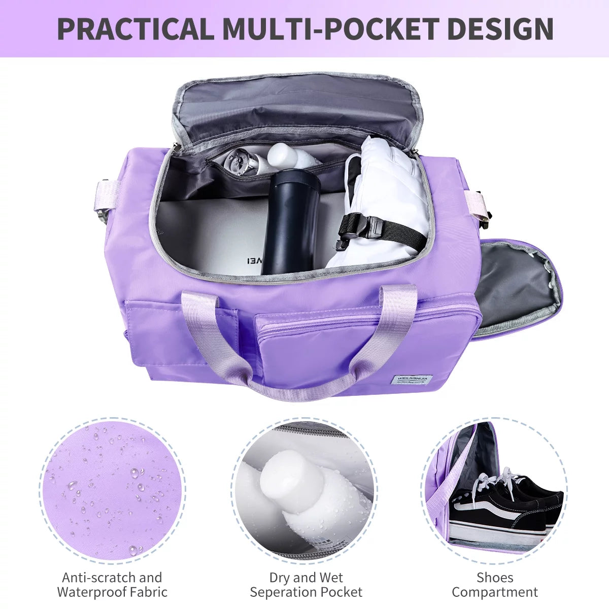 Duffel Bag for Women, Foldable Weekender Overnight Bag with Shoe Compartment, Waterproof Travel Bag with Toiletry Bag for Hospital Holdalls, Purple