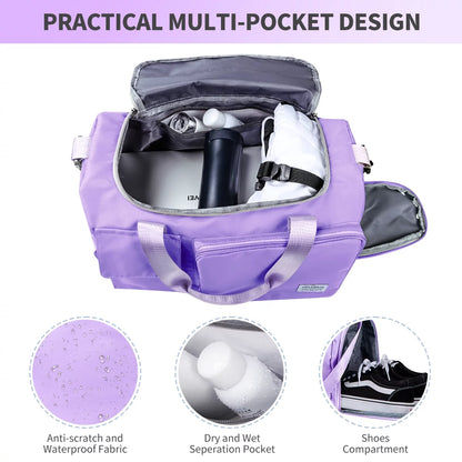 Duffel Bag for Women, Foldable Weekender Overnight Bag with Shoe Compartment, Waterproof Travel Bag with Toiletry Bag for Hospital Holdalls, Purple