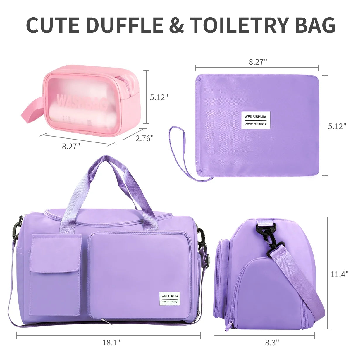 Duffel Bag for Women, Foldable Weekender Overnight Bag with Shoe Compartment, Waterproof Travel Bag with Toiletry Bag for Hospital Holdalls, Purple