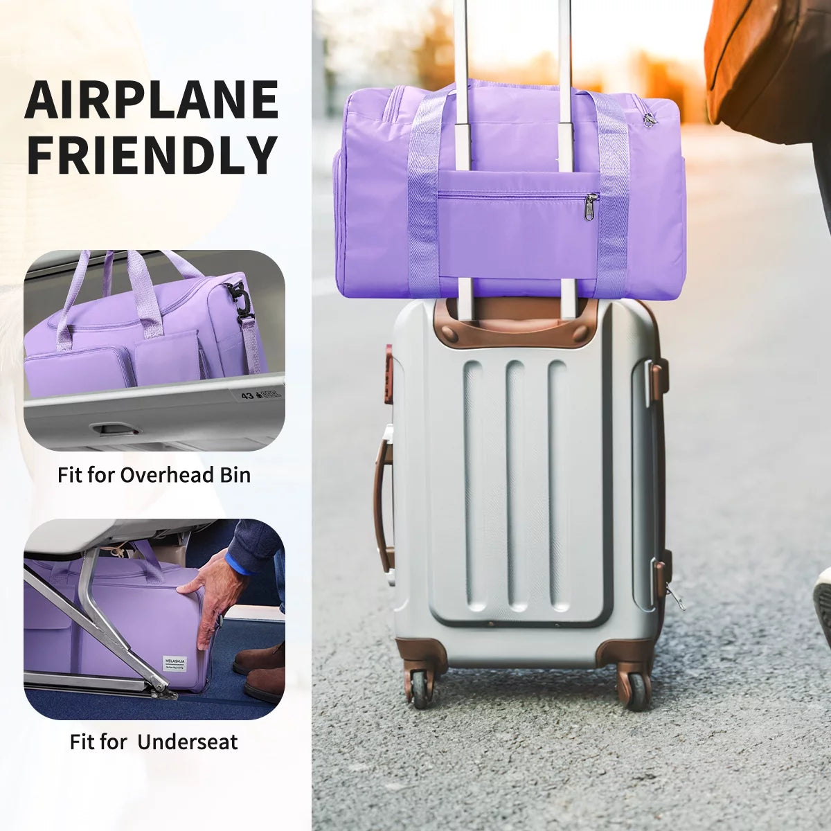 Duffel Bag for Women, Foldable Weekender Overnight Bag with Shoe Compartment, Waterproof Travel Bag with Toiletry Bag for Hospital Holdalls, Purple