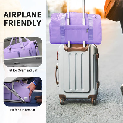 Duffel Bag for Women, Foldable Weekender Overnight Bag with Shoe Compartment, Waterproof Travel Bag with Toiletry Bag for Hospital Holdalls, Purple