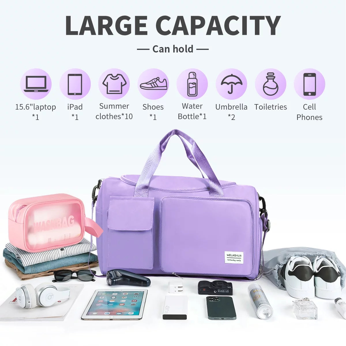 Duffel Bag for Women, Foldable Weekender Overnight Bag with Shoe Compartment, Waterproof Travel Bag with Toiletry Bag for Hospital Holdalls, Purple