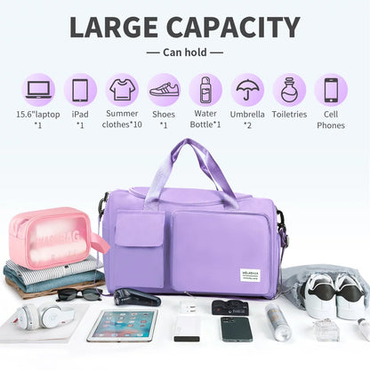 Duffel Bag for Women, Foldable Weekender Overnight Bag with Shoe Compartment, Waterproof Travel Bag with Toiletry Bag for Hospital Holdalls, Purple