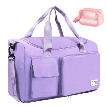 Duffel Bag for Women, Foldable Weekender Overnight Bag with Shoe Compartment, Waterproof Travel Bag with Toiletry Bag for Hospital Holdalls, Purple