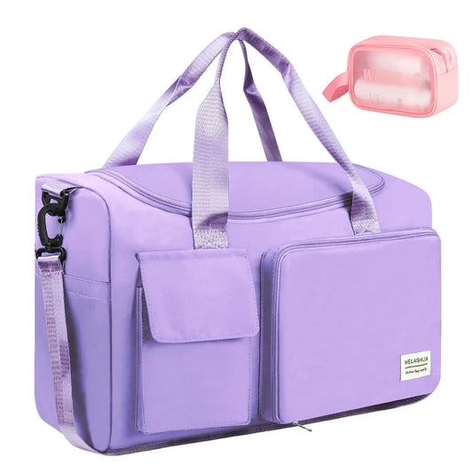 Duffel Bag for Women, Foldable Weekender Overnight Bag with Shoe Compartment, Waterproof Travel Bag with Toiletry Bag for Hospital Holdalls, Purple
