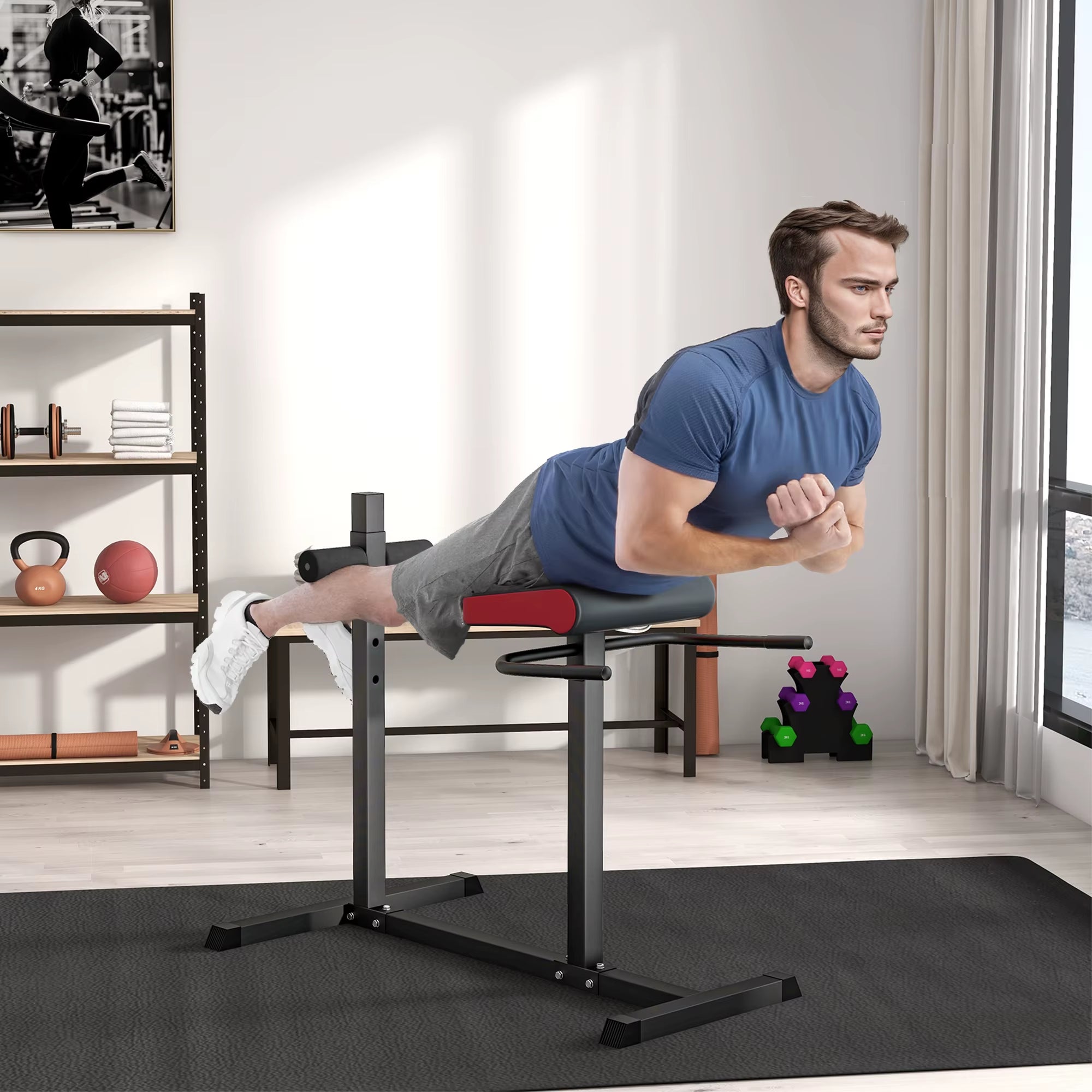 Back Extension Bench Roman Chair, Hyperextension Bench with Adjustable Leg Roller for Back